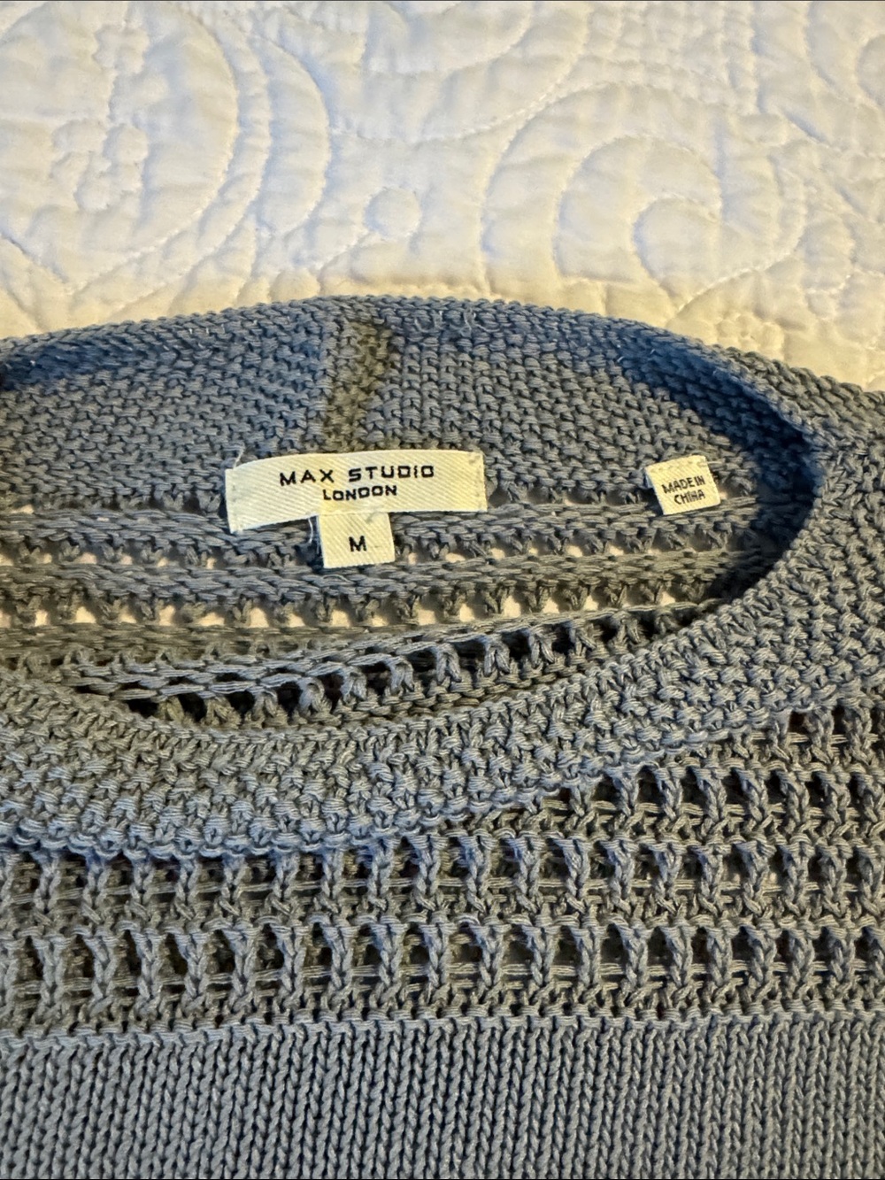 Max Studio Light Gray Open-Knit Yoke Crew Sweater - Picture 4 of 7